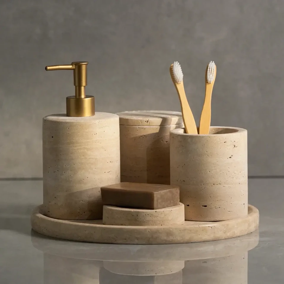 Rizz Mermer 5'li Banyo Seti Bej - Qua Home