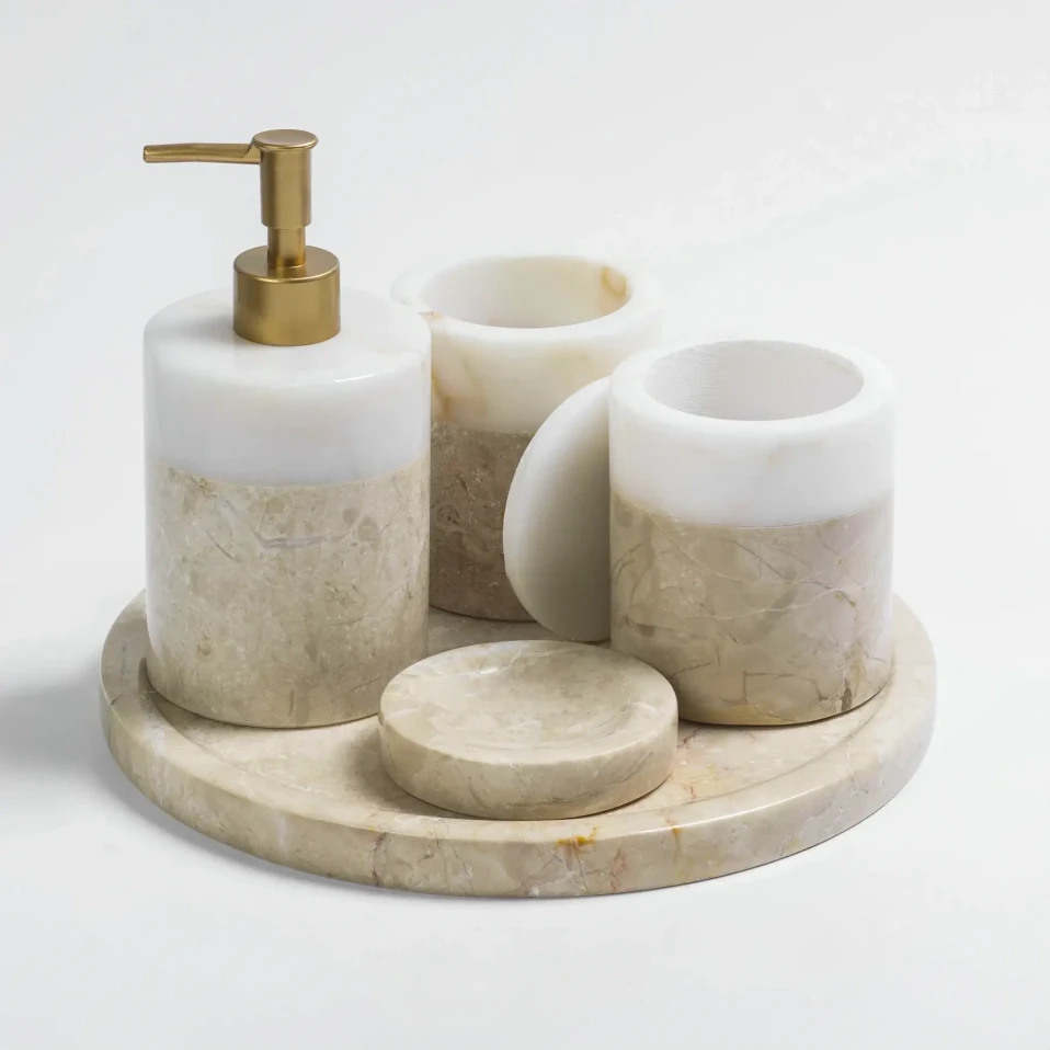 Rizz Mermer 5' li Banyo Seti Bej Beyaz - 2