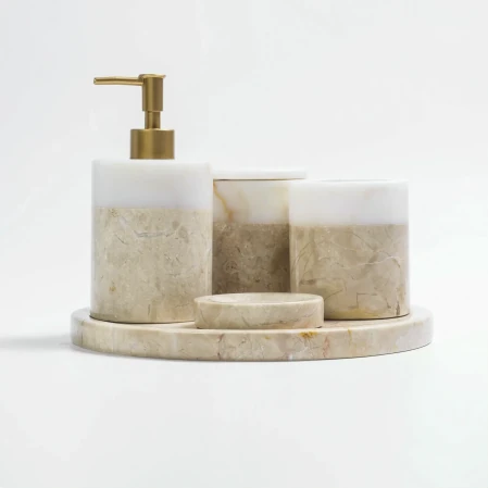 Rizz Mermer 5' li Banyo Seti Bej Beyaz - 3