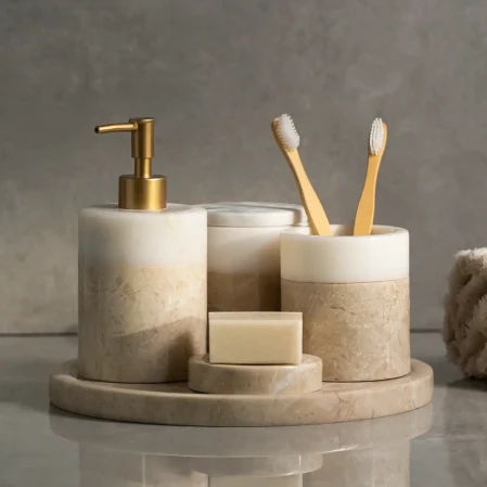 Rizz Mermer 5' li Banyo Seti Bej Beyaz 