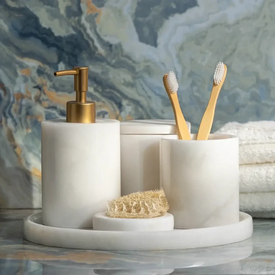 Rizz Mermer 5' li Banyo Seti Beyaz - Qua Home