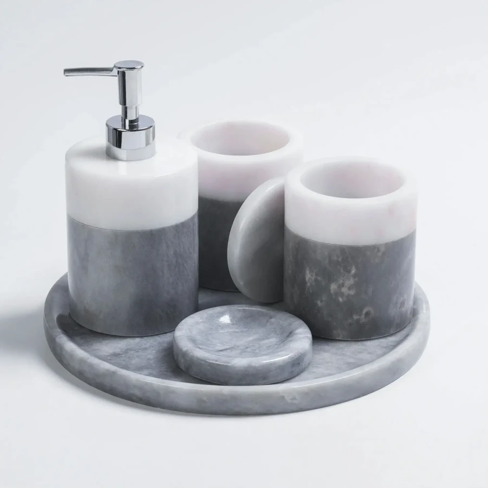 Rizz Mermer 5' li Banyo Seti Gri Beyaz - 3