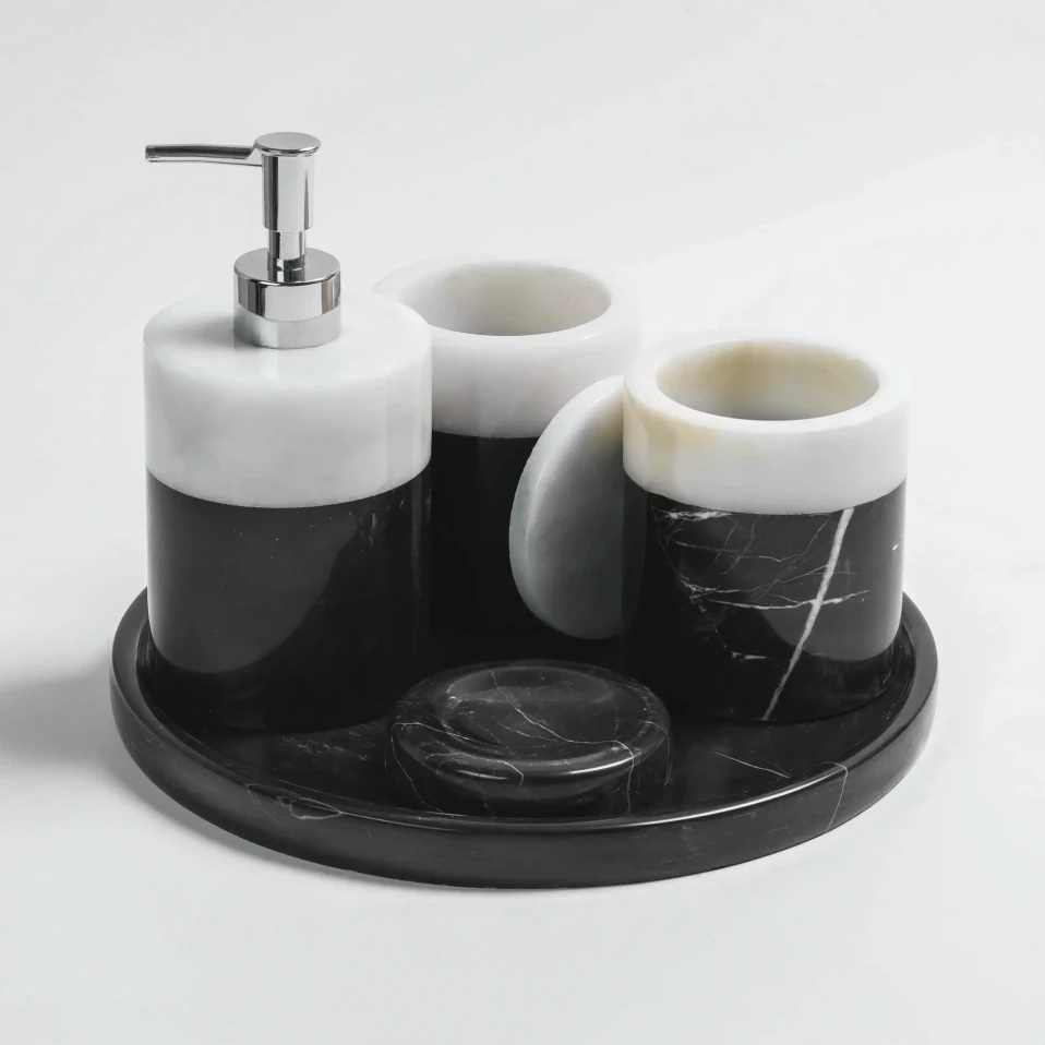 Rizz Mermer 5' li Banyo Seti Siyah Beyaz - 5