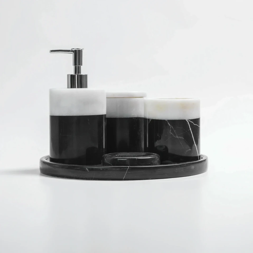 Rizz Mermer 5' li Banyo Seti Siyah Beyaz - 6