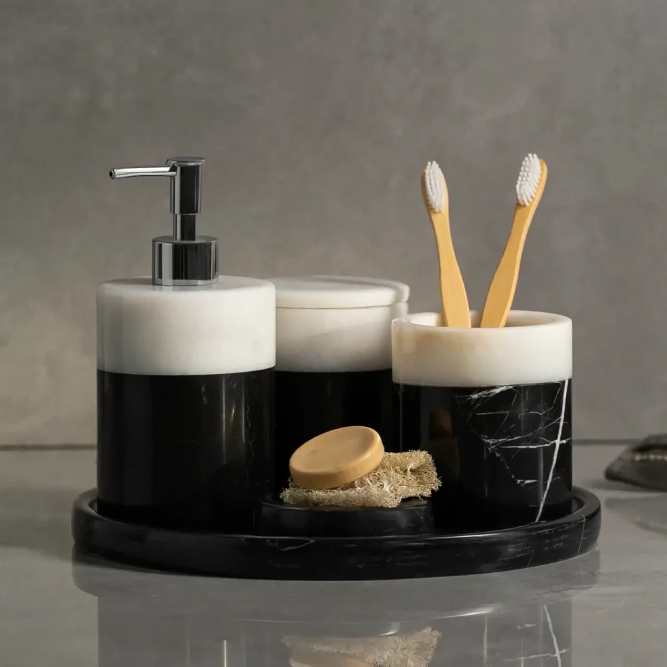 Rizz Mermer 5' li Banyo Seti Siyah Beyaz - Qua Home