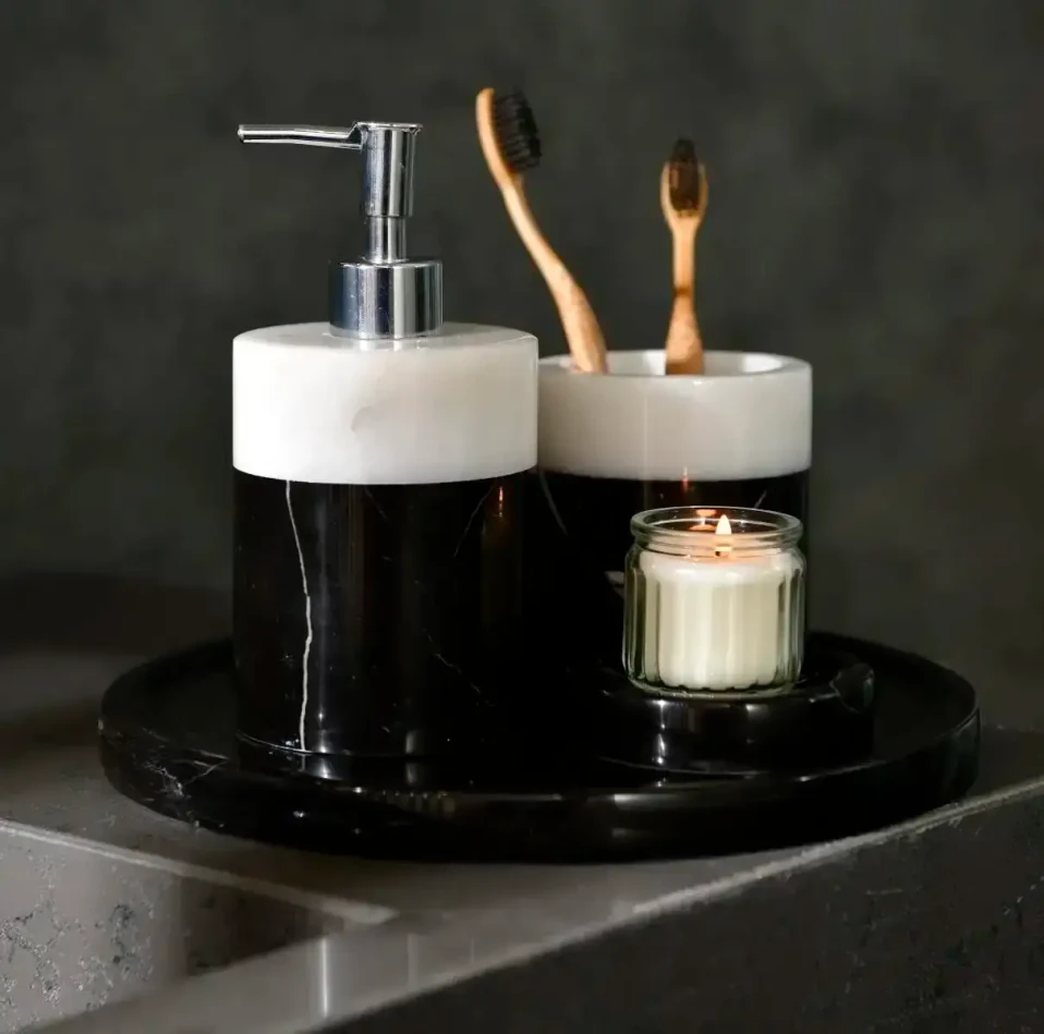 Rizz Mermer 5' li Banyo Seti Siyah Beyaz - 2