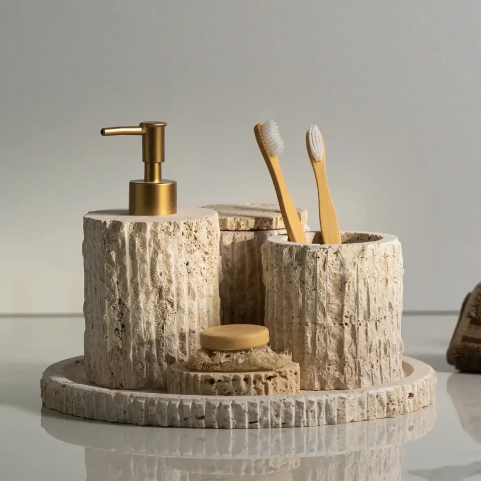 Rizz Mermer 5' li Banyo Seti Traverten - Qua Home