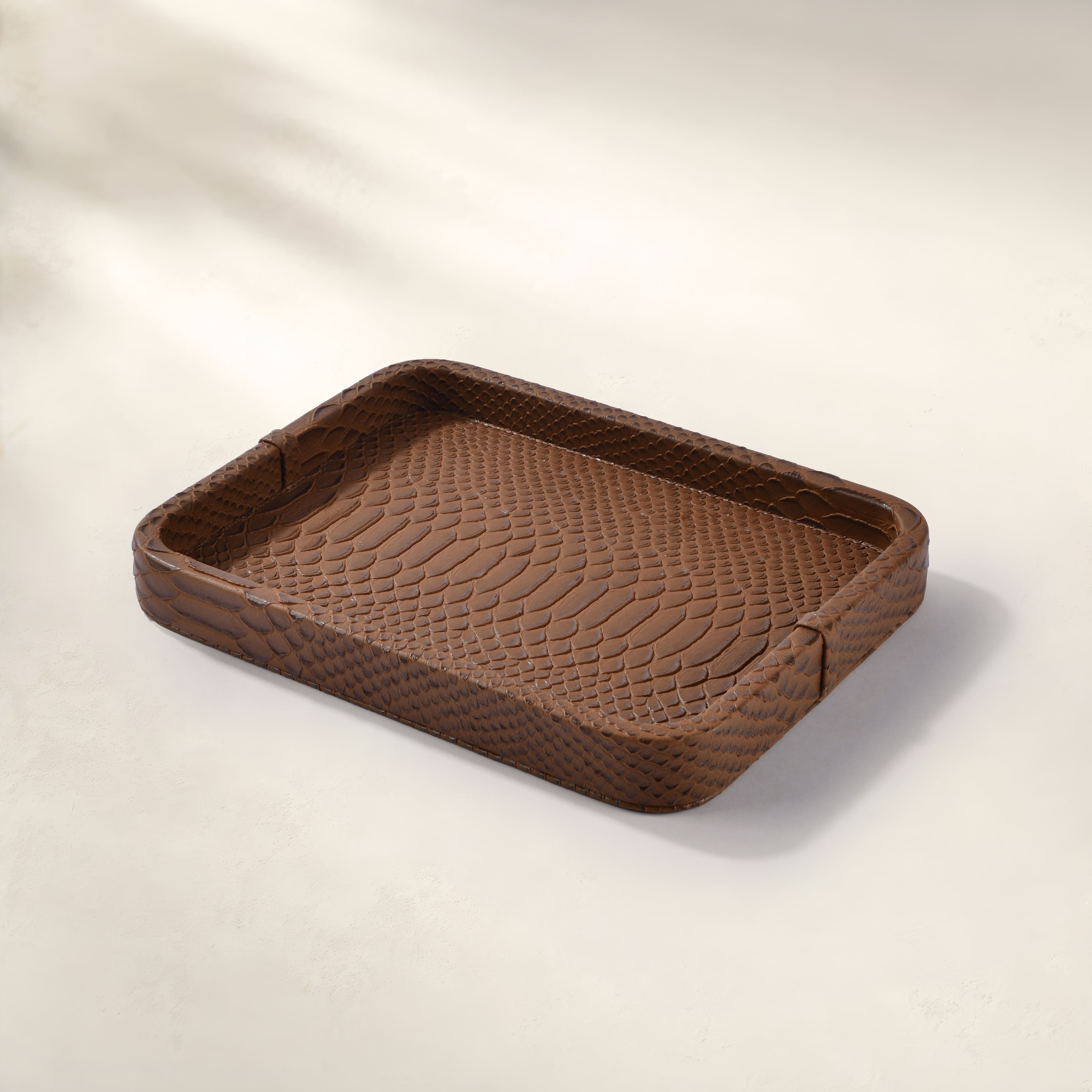 Cleo Krokodil Dekoratif Deri Tepsi Kahverengi 30x23x3 Cm - 2