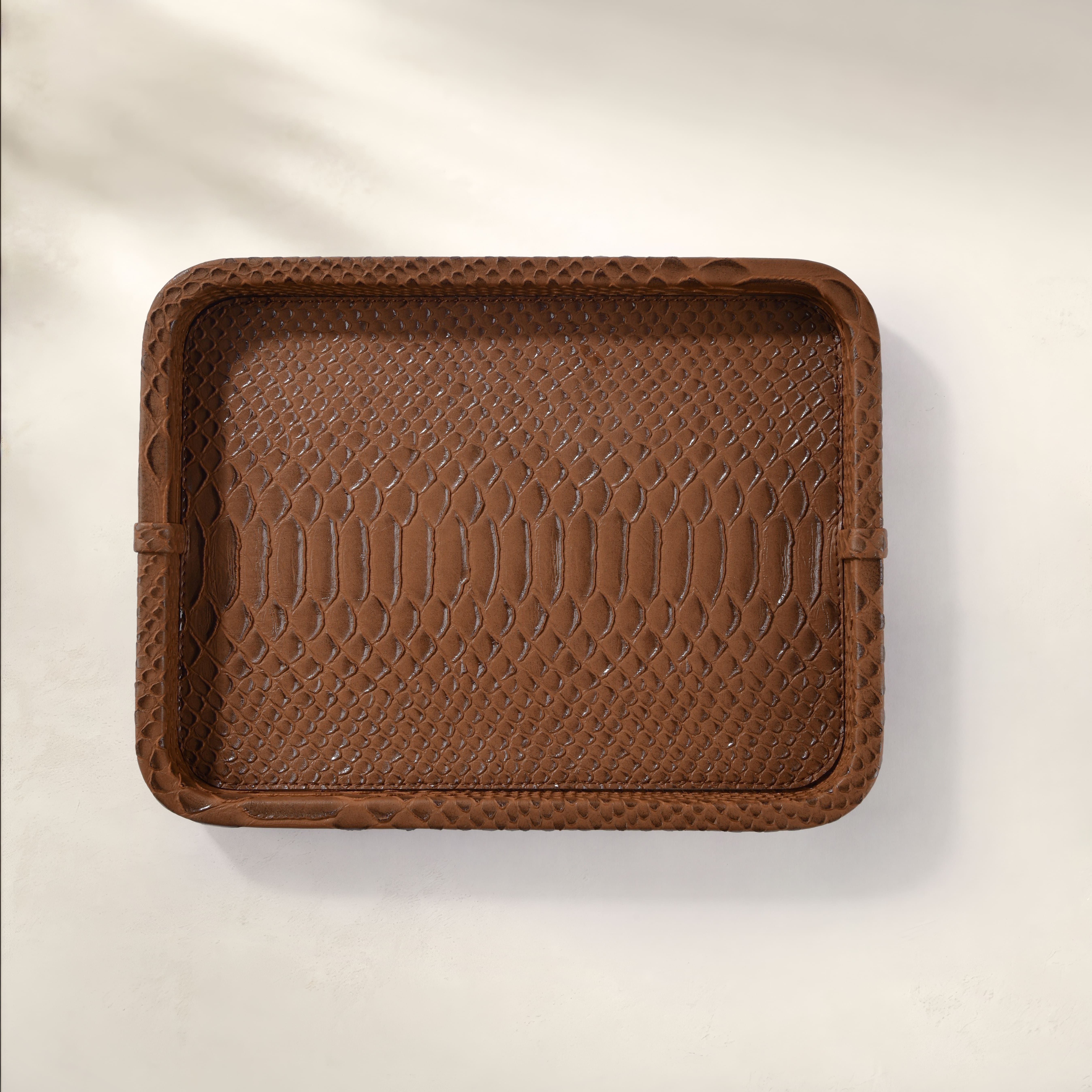 Cleo Krokodil Dekoratif Deri Tepsi Kahverengi 30x23x3 Cm - 3