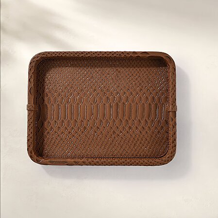 Cleo Krokodil Dekoratif Deri Tepsi Kahverengi 30x23x3 Cm - 3