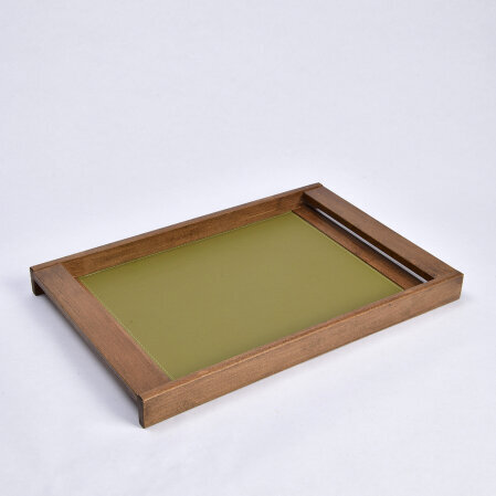 Ella Yeşil Deri Detaylı Ahşap Tepsi 45x30 cm - Qua Home