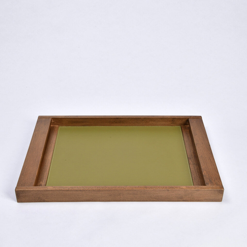 Ella Yeşil Deri Detaylı Ahşap Tepsi 45x30 cm - 2