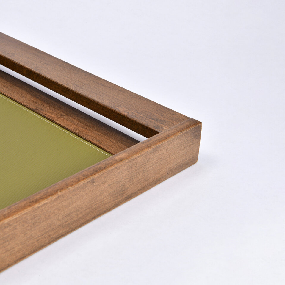 Ella Yeşil Deri Detaylı Ahşap Tepsi 45x30 cm - 3