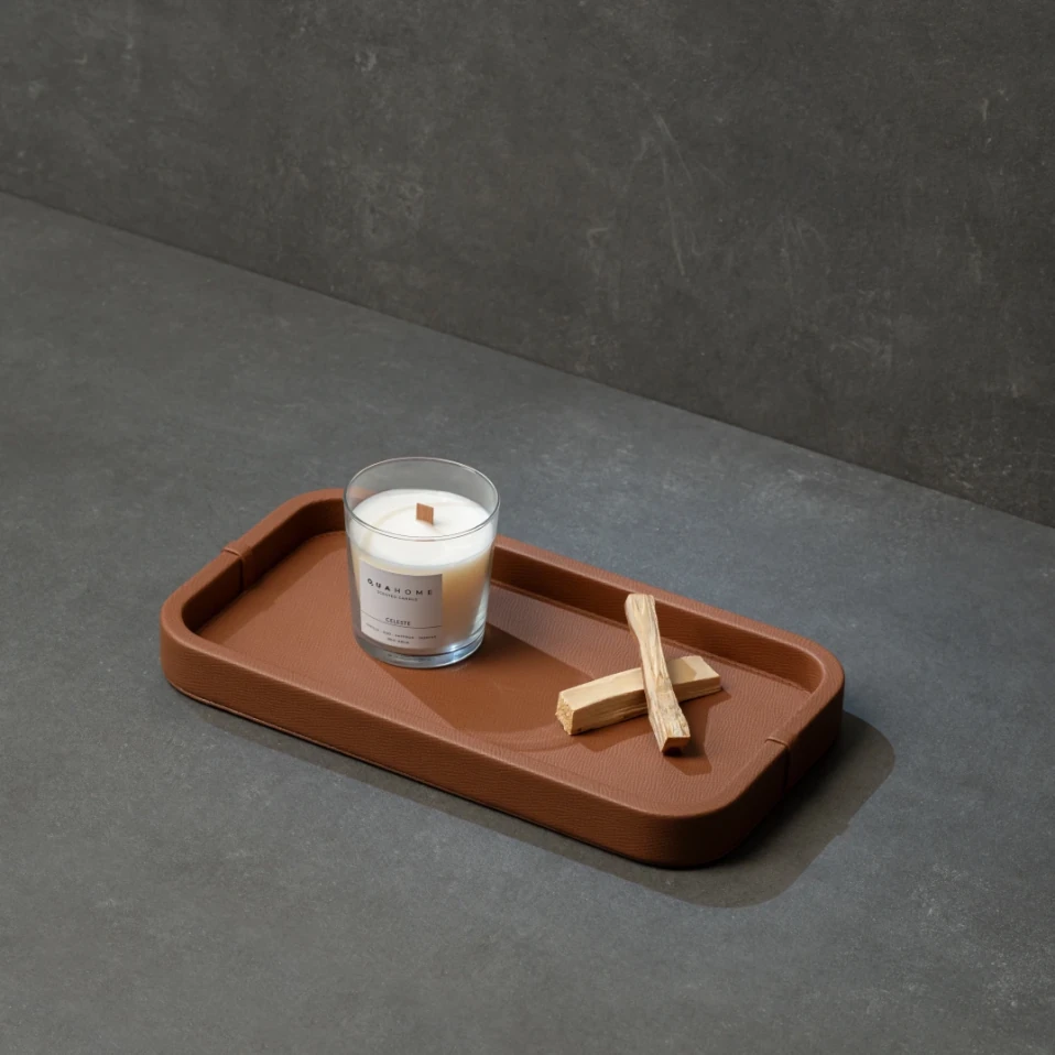 Marta Dekoratif Deri Tepsi Açık Kahverengi 35x19x3 cm - 2