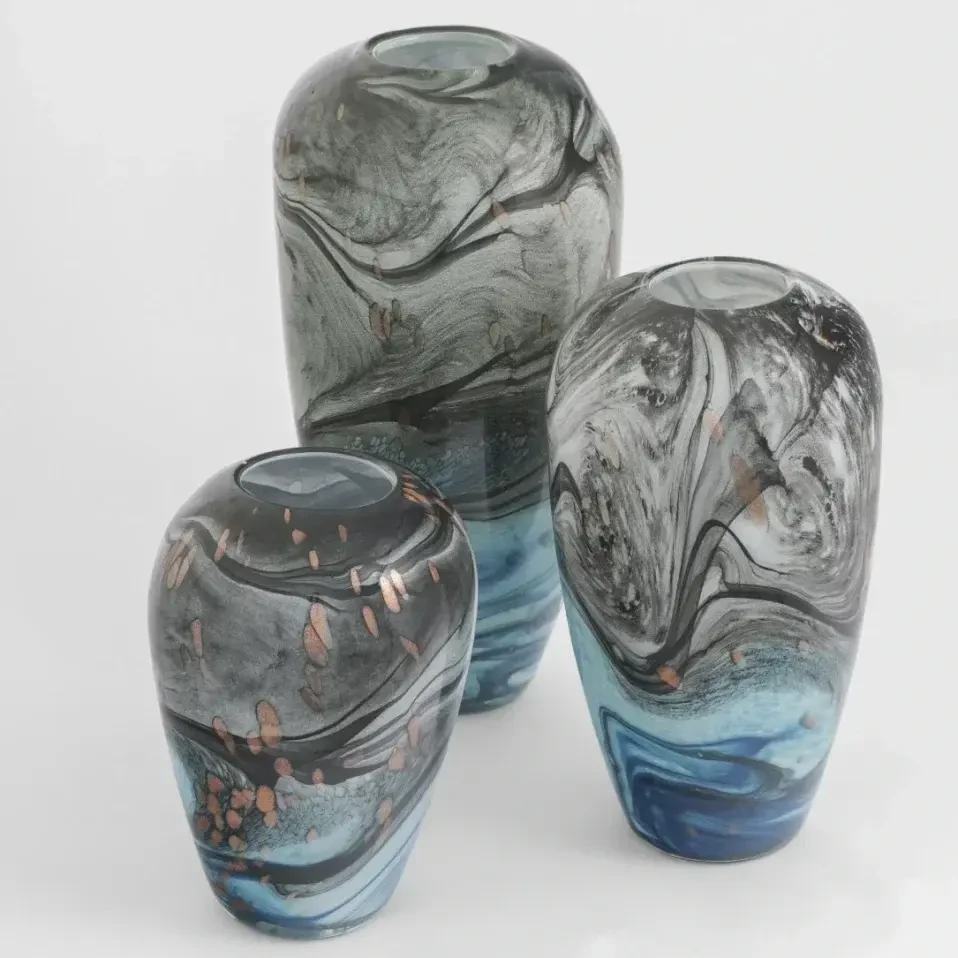 Bern Mavi Gri El Yapımı Cam Vazo - 3