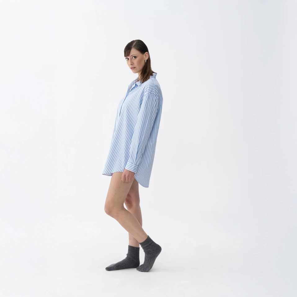 Janie Kadın Dokuma Gömlek Elbise Mavi - 2