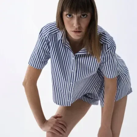 Cecile Kadın Dokuma Kısa Kollu Gömlek Lacivert - 4