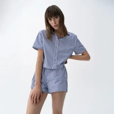 Cecile Kadın Dokuma Kısa Kollu Gömlek Lacivert - 1