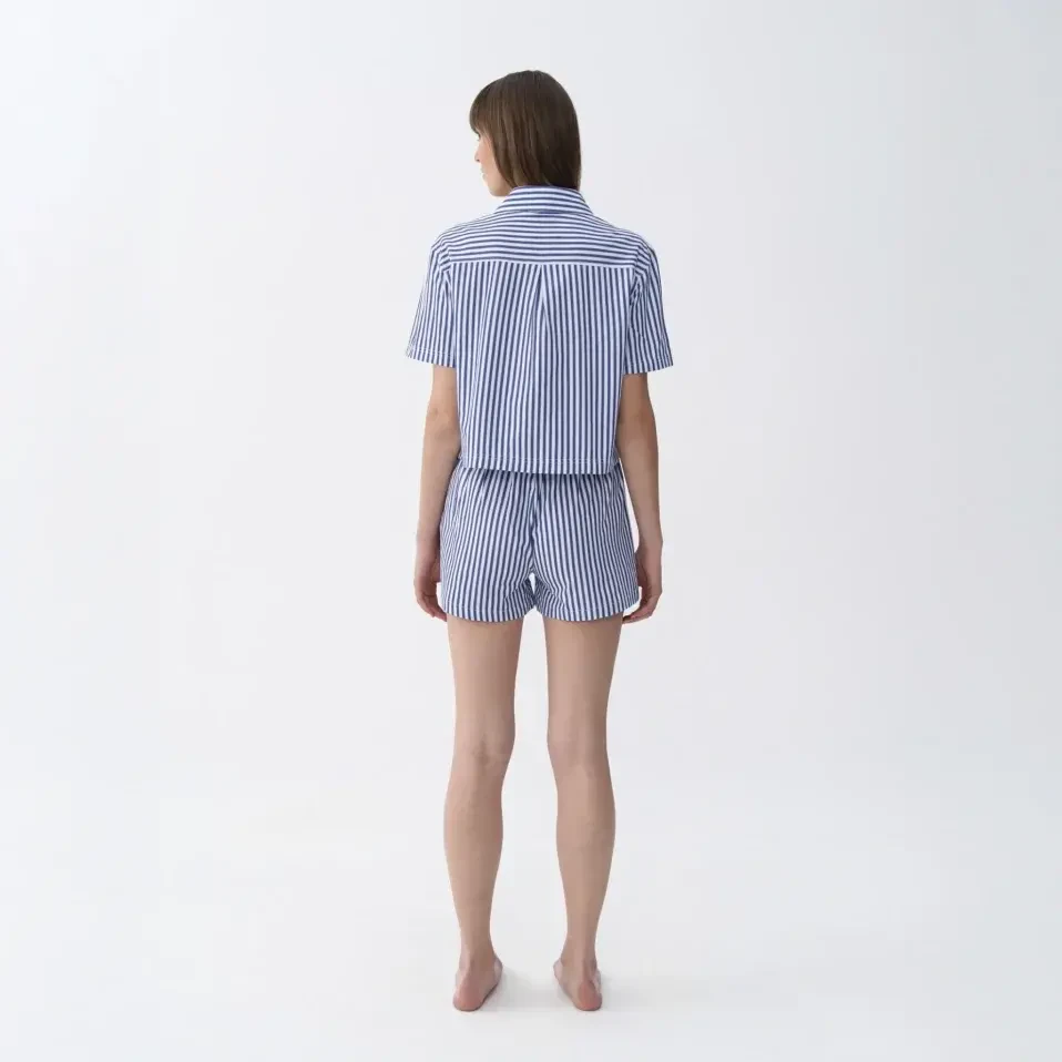 Cecile Kadın Dokuma Kısa Kollu Gömlek Lacivert - 5