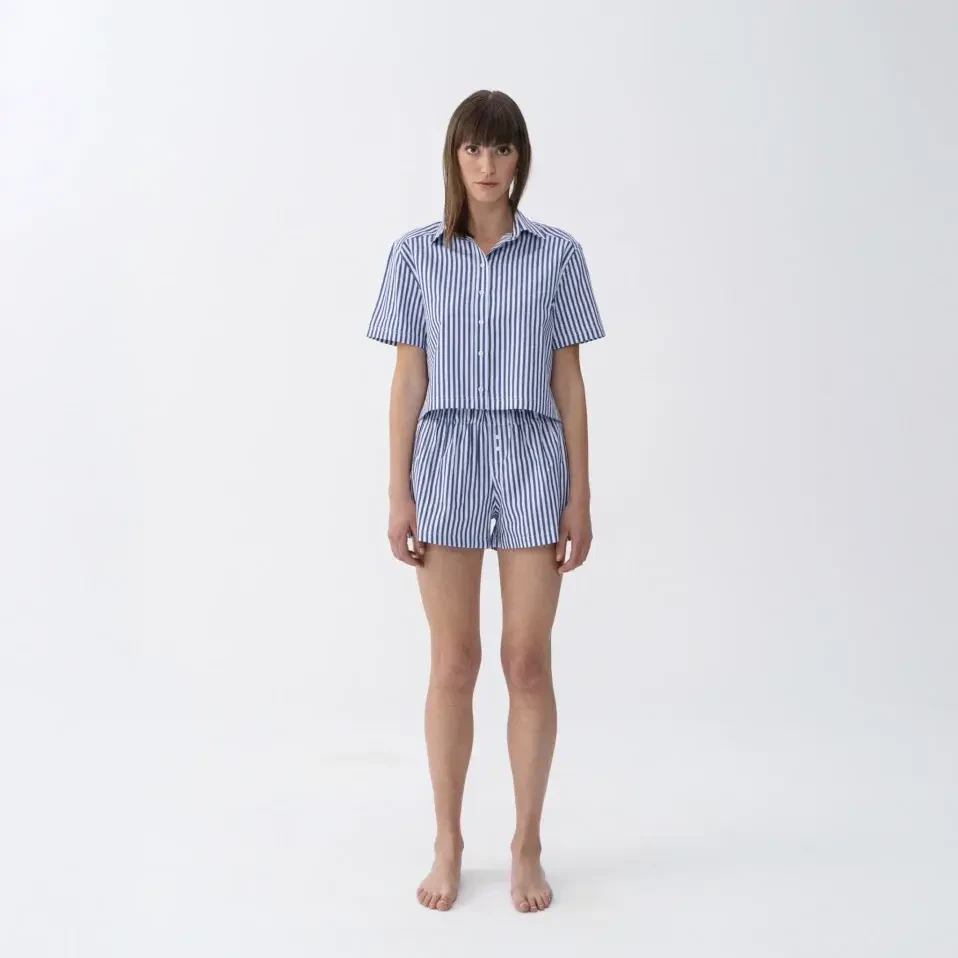 Cecile Kadın Dokuma Kısa Kollu Gömlek Lacivert - 6