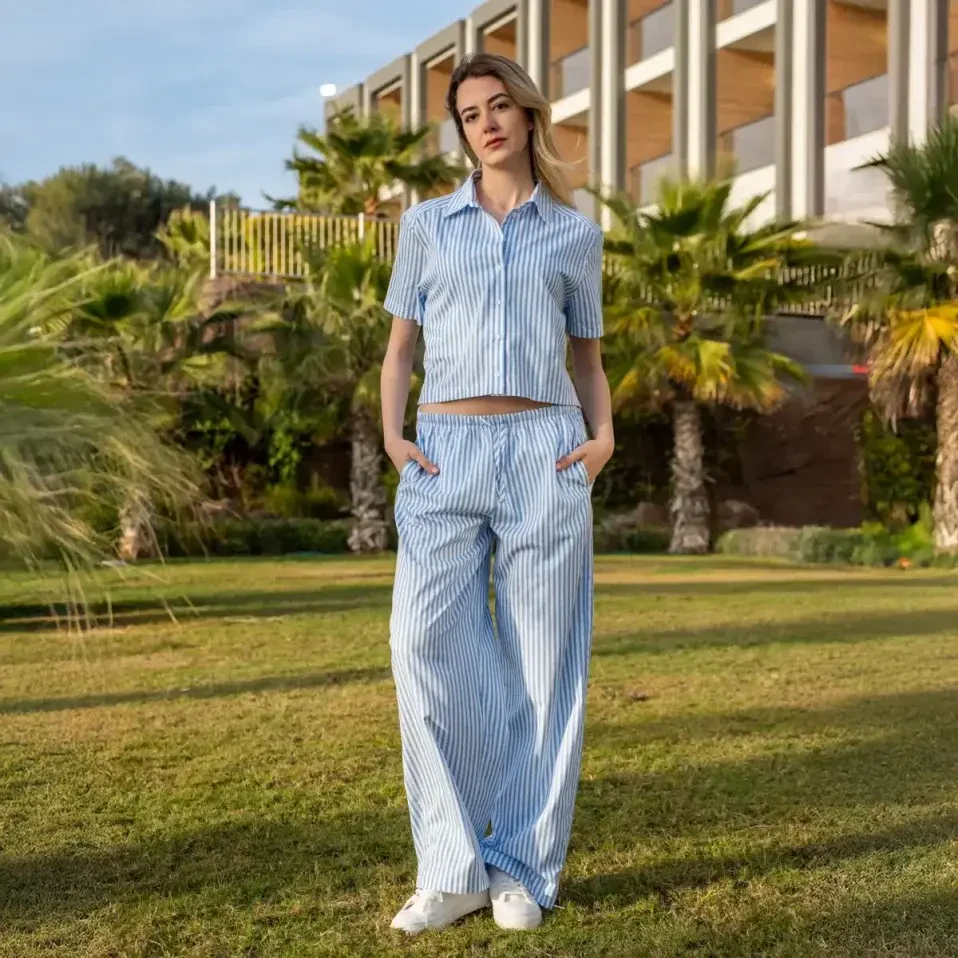 Cecile Kadın Dokuma Kısa Kollu Gömlek Mavi - 3