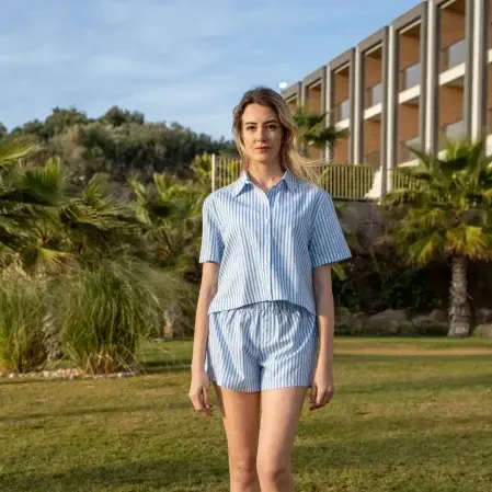 Cecile Kadın Dokuma Kısa Kollu Gömlek Mavi 