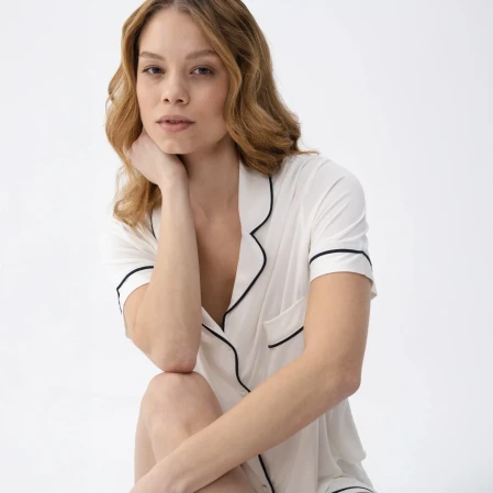 Sia Kadın Modal Biyeli Kısa Kol Pijama Üst Ekru - 1