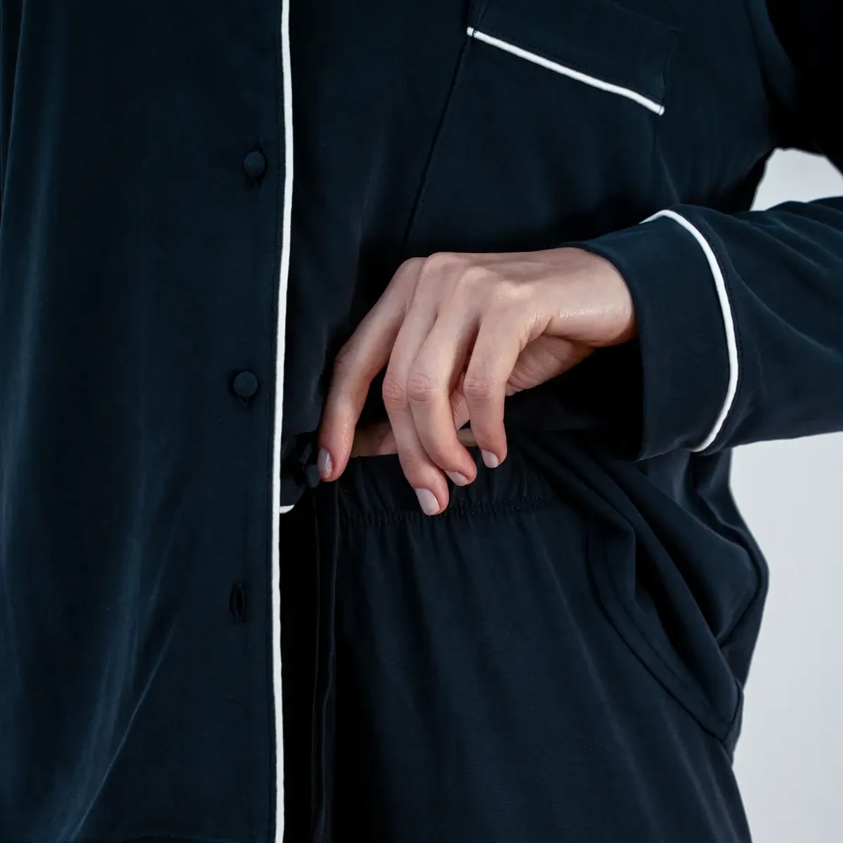 Sia Kadın Modal Biyeli Uzun Kol Pijama Üst Lacivert - 4