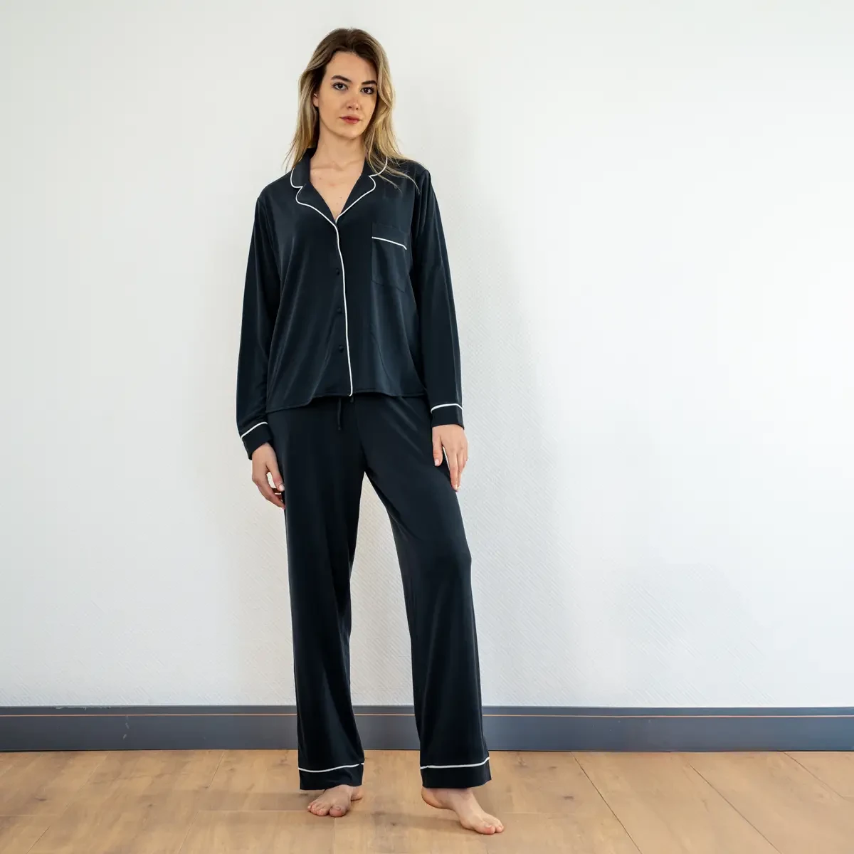 Sia Kadın Modal Biyeli Uzun Kol Pijama Üst Lacivert - 2