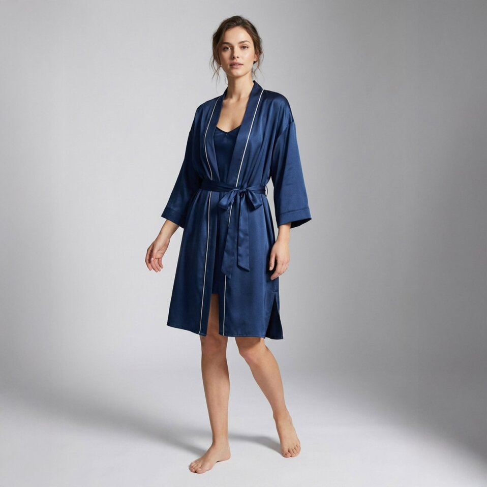 Pure Kadın Saten Sabahlık Lacivert - 9