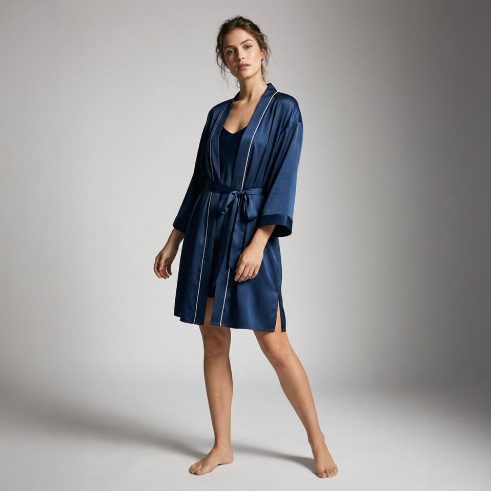 Pure Kadın Saten Sabahlık Lacivert - 10