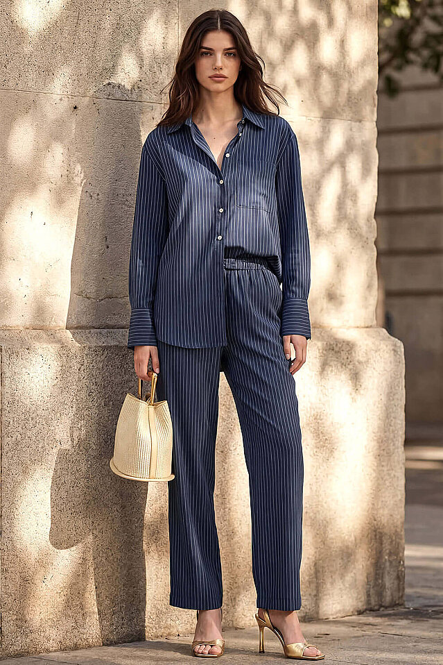 Sierra Kadın Çizgili Pantolon Lacivert - 2