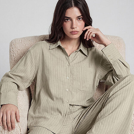Sierra Kadın Çizgili Uzun Kol Gömlek Haki - 5