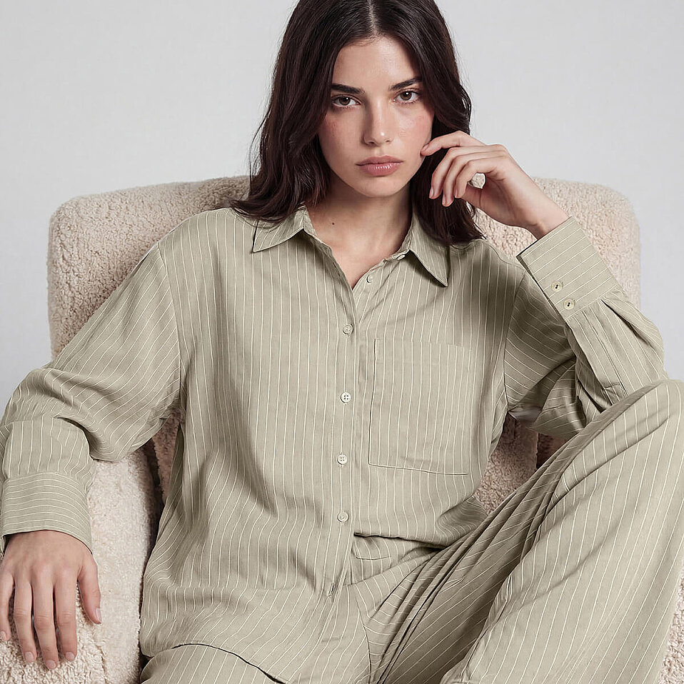 Sierra Kadın Çizgili Uzun Kol Gömlek Haki - 5