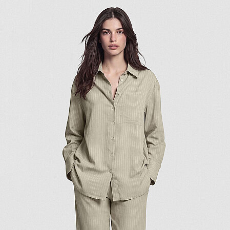 Sierra Kadın Çizgili Uzun Kol Gömlek Haki - Qua Home