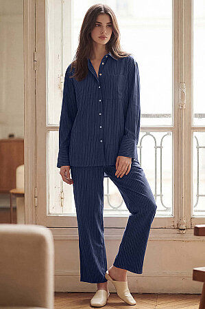 Sierra Kadın Çizgili Uzun Kol Gömlek Lacivert - 2