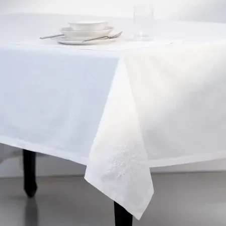Julien Pamuk Keten Çiçek Nakışlı Masa Örtüsü Beyaz 