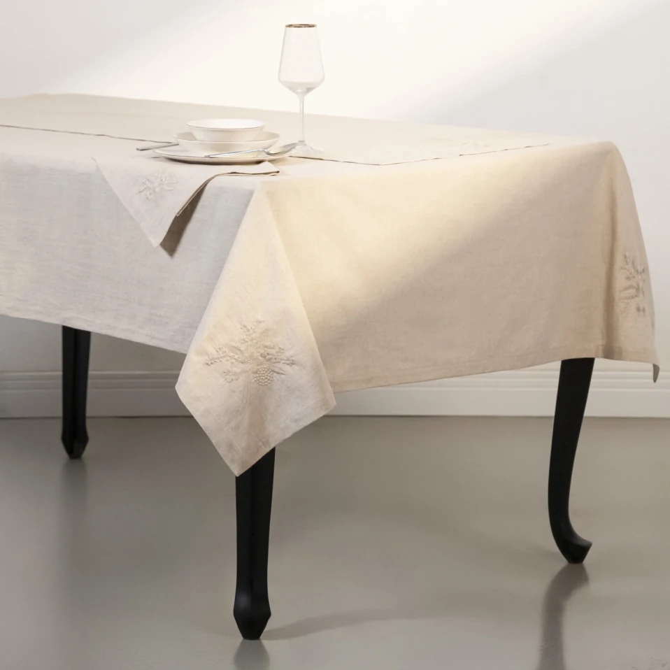 Julien Pamuk Keten Çiçek Nakışlı Masa Örtüsü Ekru - 1