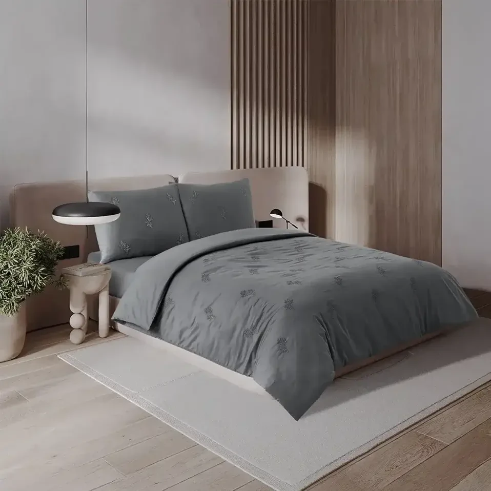 Carmen 300 Tc Pamuk Saten Nakışlı Çift Kişilik Nevresim Seti Gri - Qua Home