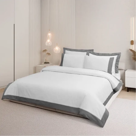 Loren 300 Tc Pamuk Saten Aksesuarlı Çift Kişilik Nevresim Takımı Beyaz Gri 