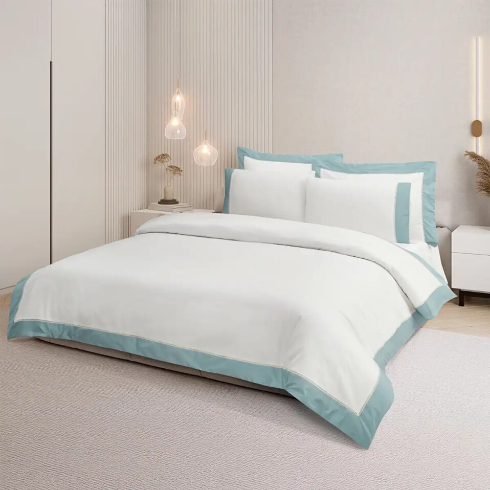 Loren 300 Tc Pamuk Saten Aksesuarlı Çift Kişilik Nevresim Takımı Beyaz Mint - Qua Home