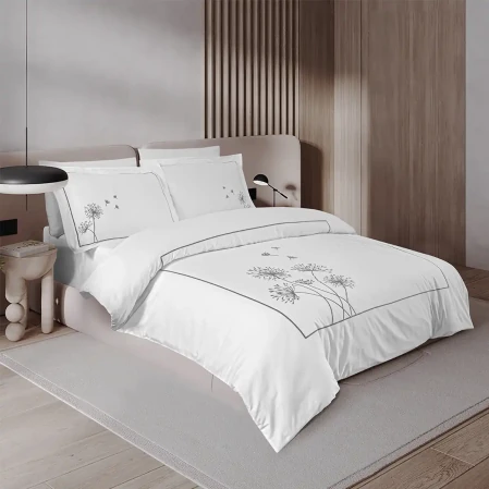 Gloria 300 Tc Pamuk Saten Nakışlı King Size Nevresim Seti Beyaz Antrasit - 1