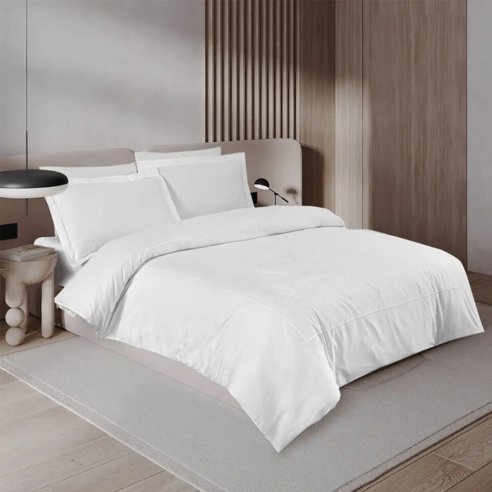 Gloria 300 Tc Pamuk Saten Nakışlı King Size Nevresim Seti Beyaz Bej - 1