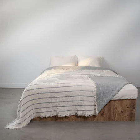 Ruby Dolgulu Müslin Çift Kişilik Yatak Örtüsü Ekru Gri 230x250 cm - 1
